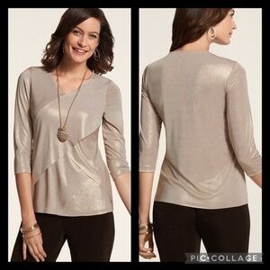 Chico’s Travelers Liquid Shimmer Antique Gold Layered Stretchy Top Medium